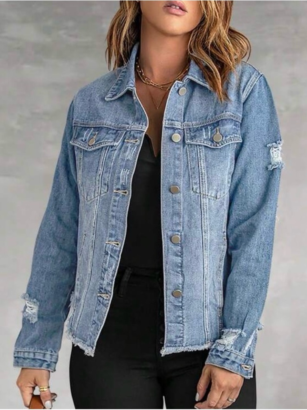 Light Wash Distressed Denim Jacket - Blue
